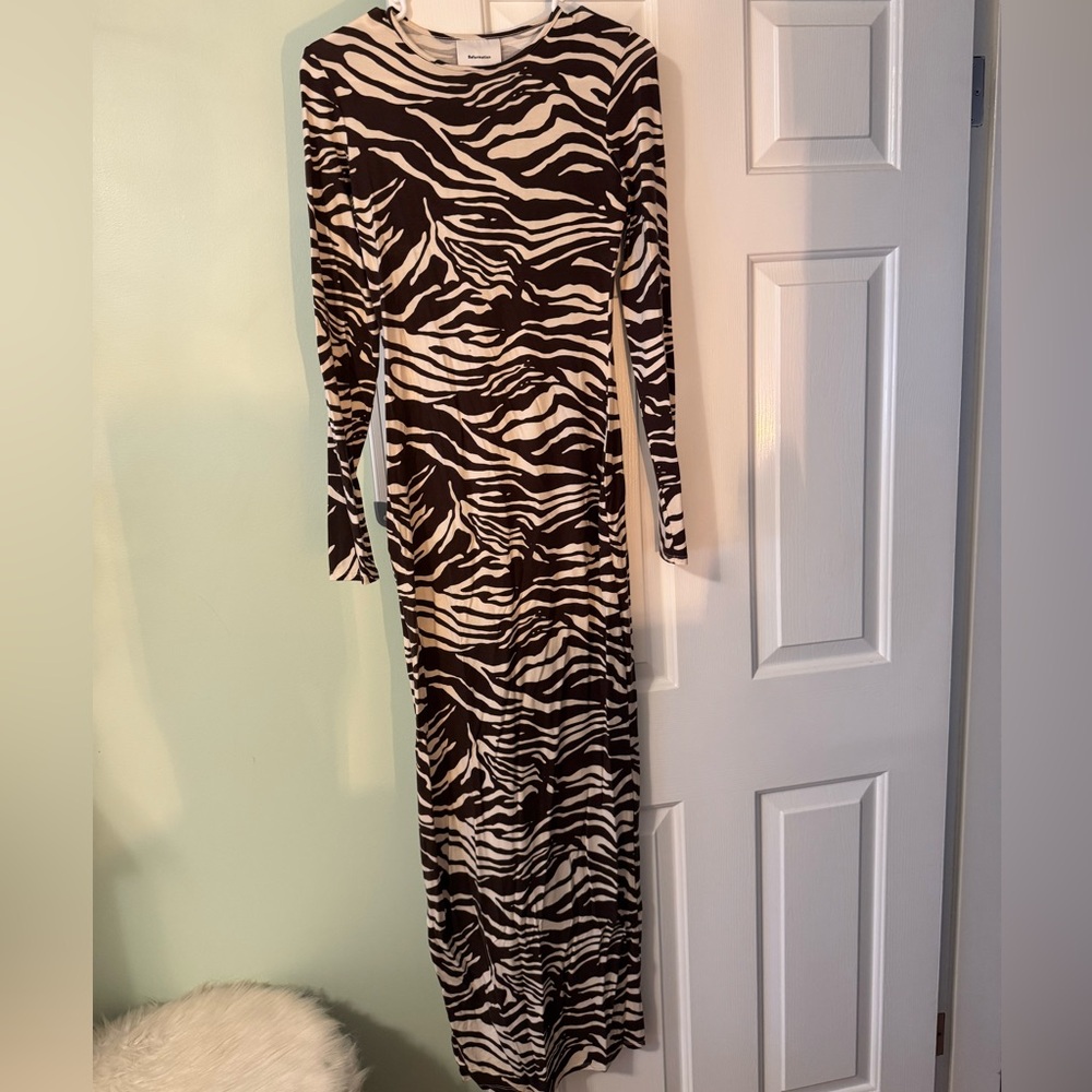 Reformation Brown and Cream Patterned Dress